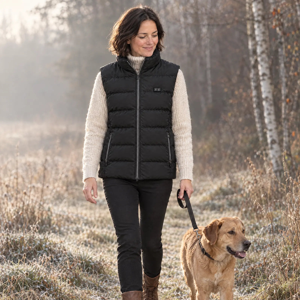 Frau in der beheizten Weste 2.0 beim Spaziergang mit Hund