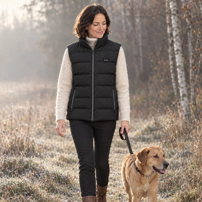 Frau in der beheizten Weste 2.0 beim Spaziergang mit Hund