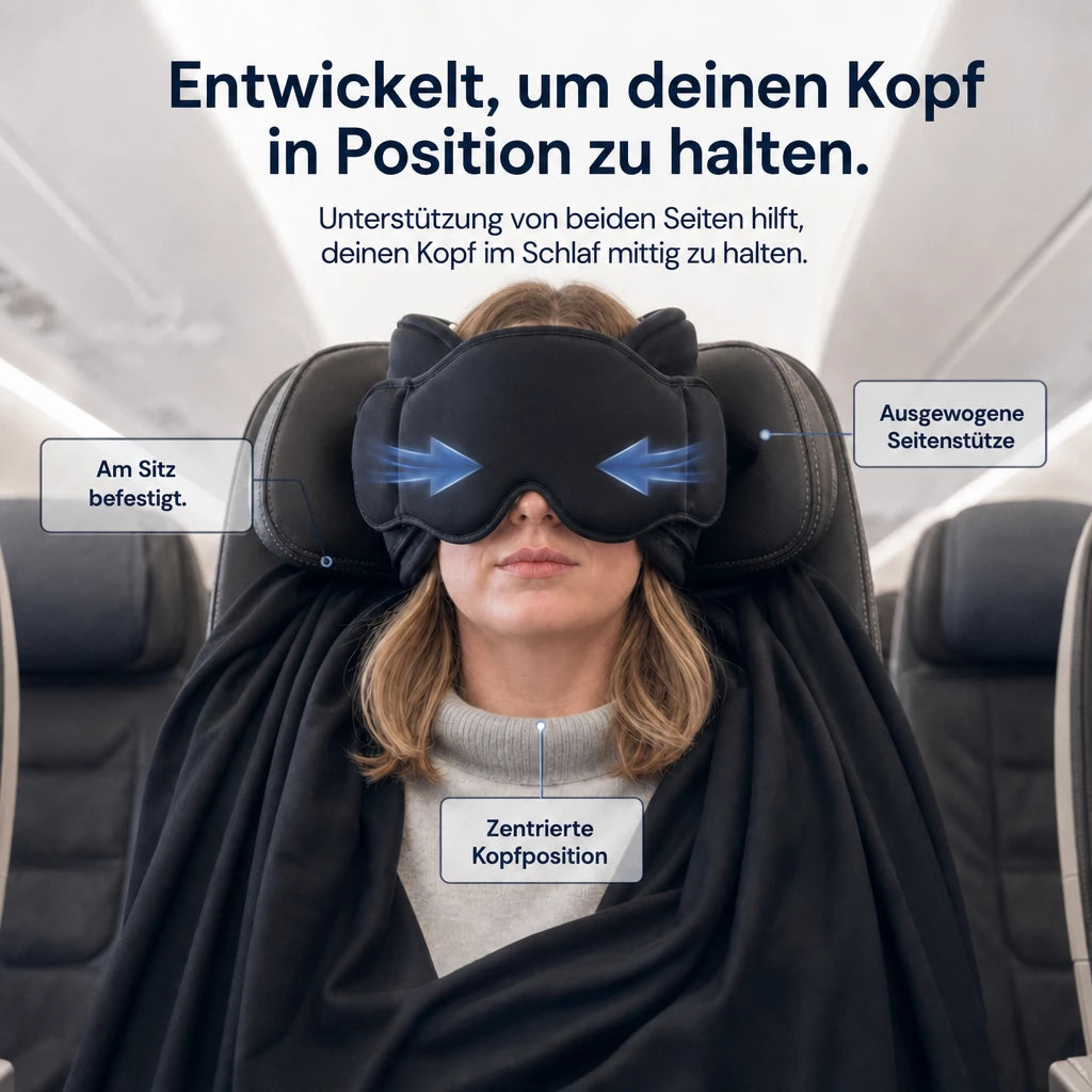 Snoozle hält den Kopf von beiden Seiten mittig an der Kopfstütze – am Sitz befestigt