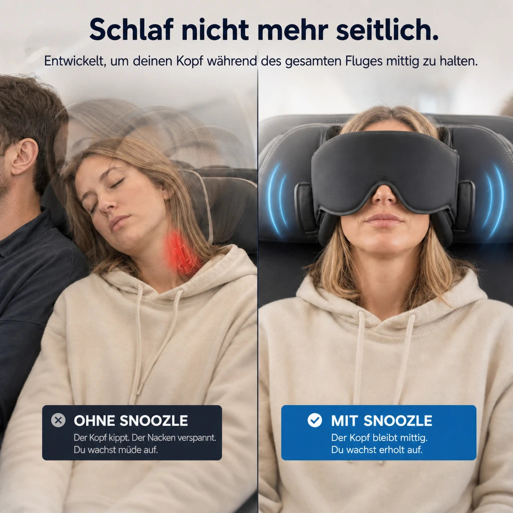 Vorher und nachher: ohne Snoozle kippt der Kopf zur Seite, mit Snoozle bleibt er mittig an der Kopfstütze