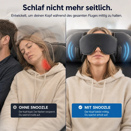 Vorher und nachher: ohne Snoozle kippt der Kopf zur Seite, mit Snoozle bleibt er mittig an der Kopfstütze